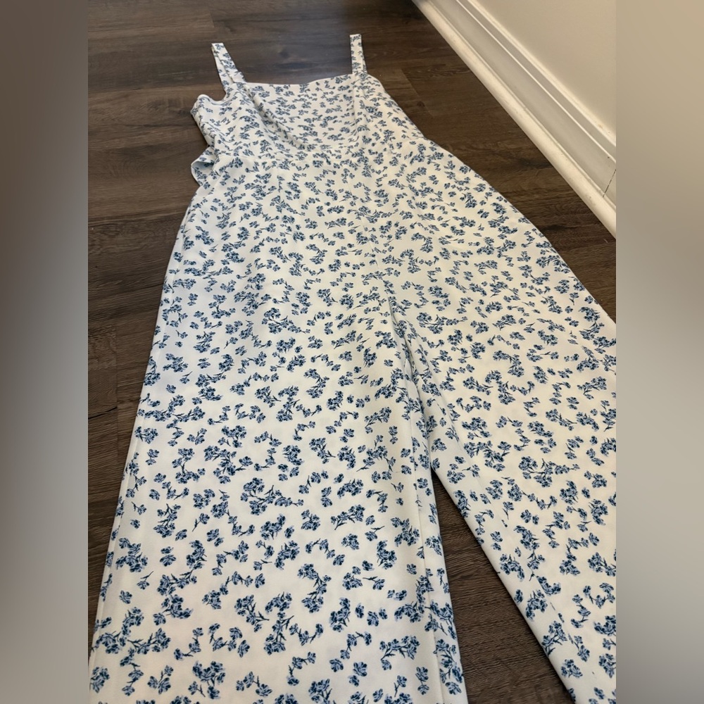 1 State Floral blue and white jumpsuit